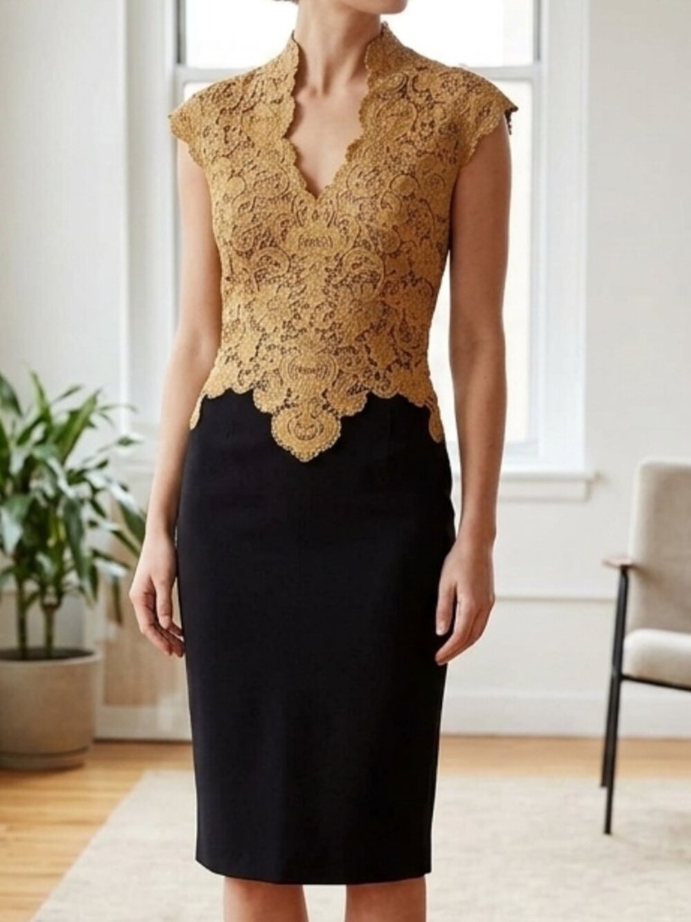 Vintage Karen Millen Black & Gold Metallic Lace Bodice Pencil Dress Size 4 (Runs
